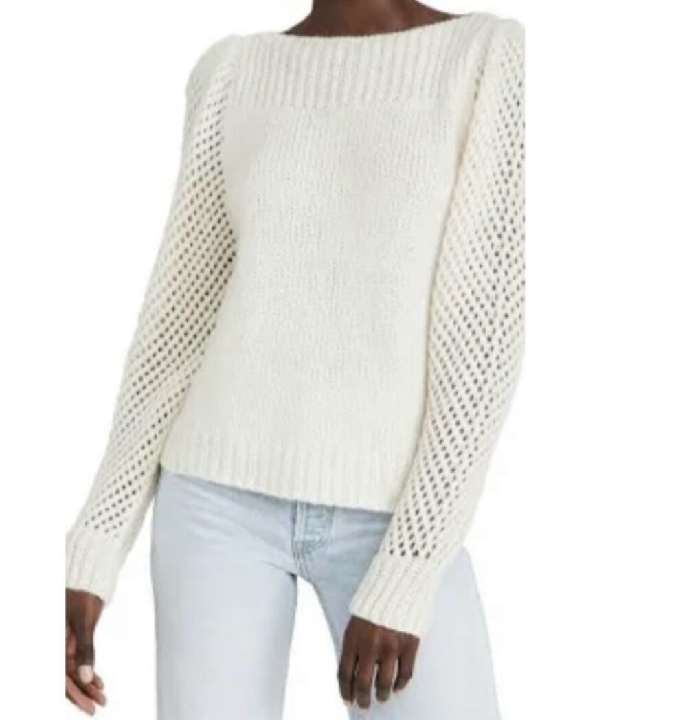 LoveShackFancy Rosie Alpaca Pointelle Knit Pullover Snow Cream Ivory Small
